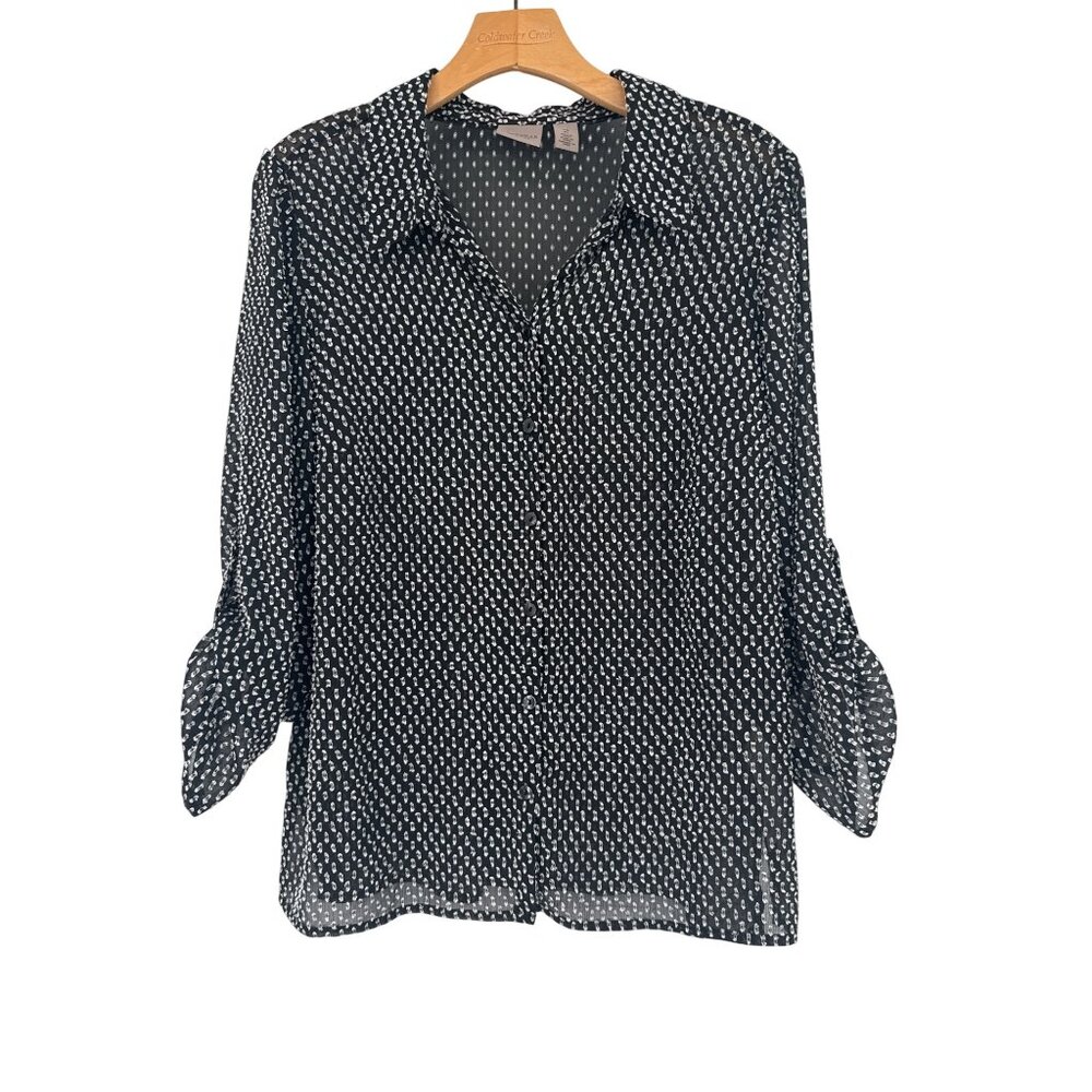 Chicos 2 Easywear Womens textured Black White Polka Dot Blouse Size large sheer